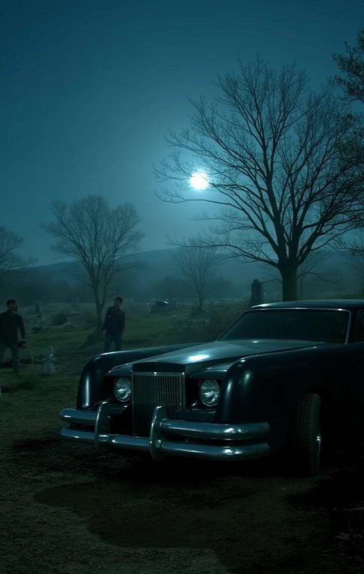 The car parked in a cemetery  at night with zombies and the words "The Car"