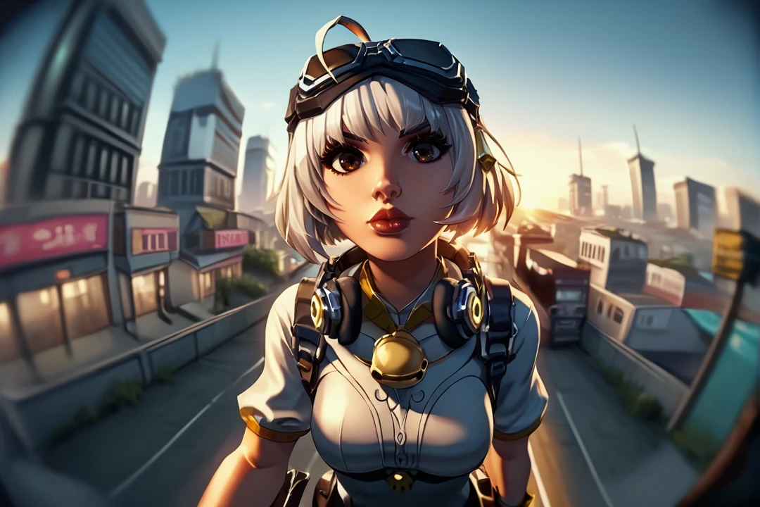 source_cartoon, razor_battle, 1girl, short hair, goggles, solo, lips, goggles on head, white hair, brown eyes, bell, headphones, ahoge, neck bell, gangster, standing, holding pistol, holding weapons, two pistols, Hands with pitols, high angle shot, cowboy shot, futuristic city background, blur background, city background, natural lighting, backlight, aiming a gun directly at the viewer, aiming to the viewer, intense eye contact, close-up perspective, gun pointed forward, gun aiming to viewer, soft colours, big breast, 2D, Animated, Blurry background, city building background, blurry, Fisheye, <lora:ho1dingPistols:1>, <lora:Fisheye_Style:1>, <lora:razorbattle-05:1>, ,rating_questionable, score_9, score_8_up, score_7_up,, 1girl, short hair, goggles, solo, lips, goggles on head, white hair, brown eyes, bell, headphones, ahoge, neck bell