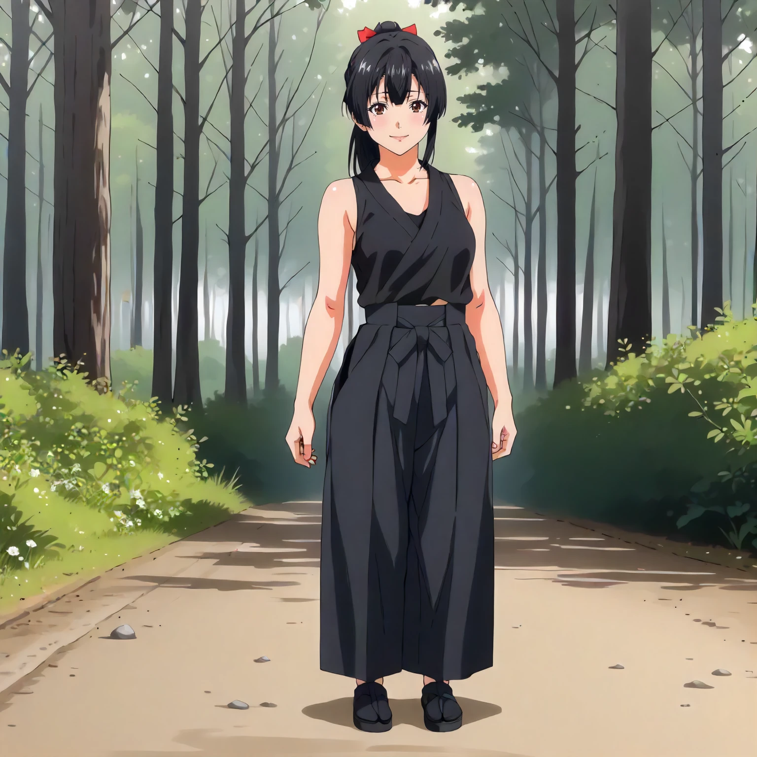 <lora:ToY_AoiXLpony002>,
outdoors,nature,
smile,
solo,
Aoi,1girl,black hair,ponytail,red hairbow,brown eyes,
black tank top,
hakama_skirt,black hakama,black hakama,
full body,standing,