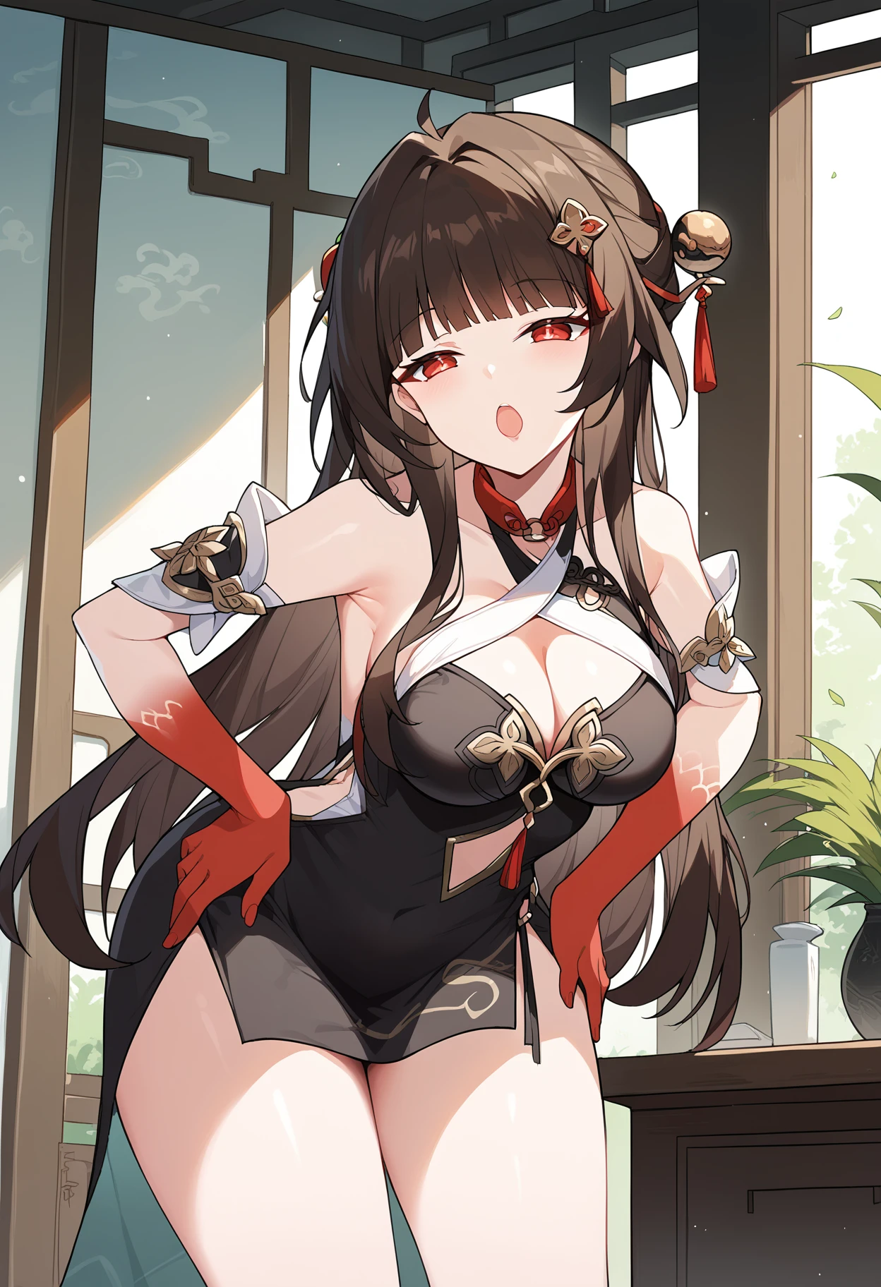 score_9, score_8_up, score_7_up, source_anime,
BREAK 
1girl, solo, <lora:shiLingshaV2:1>, shlingsha, long hair, bangs, hair ornament, breasts, bare shoulders, cleavage, red eyes, brown hair,
china dress, chinese clothes, black dress, 
red hands, 
looking at viewer, half-closed eyes, open mouth, leaning forward, standing, hands on hips, thick thighs, indoors,