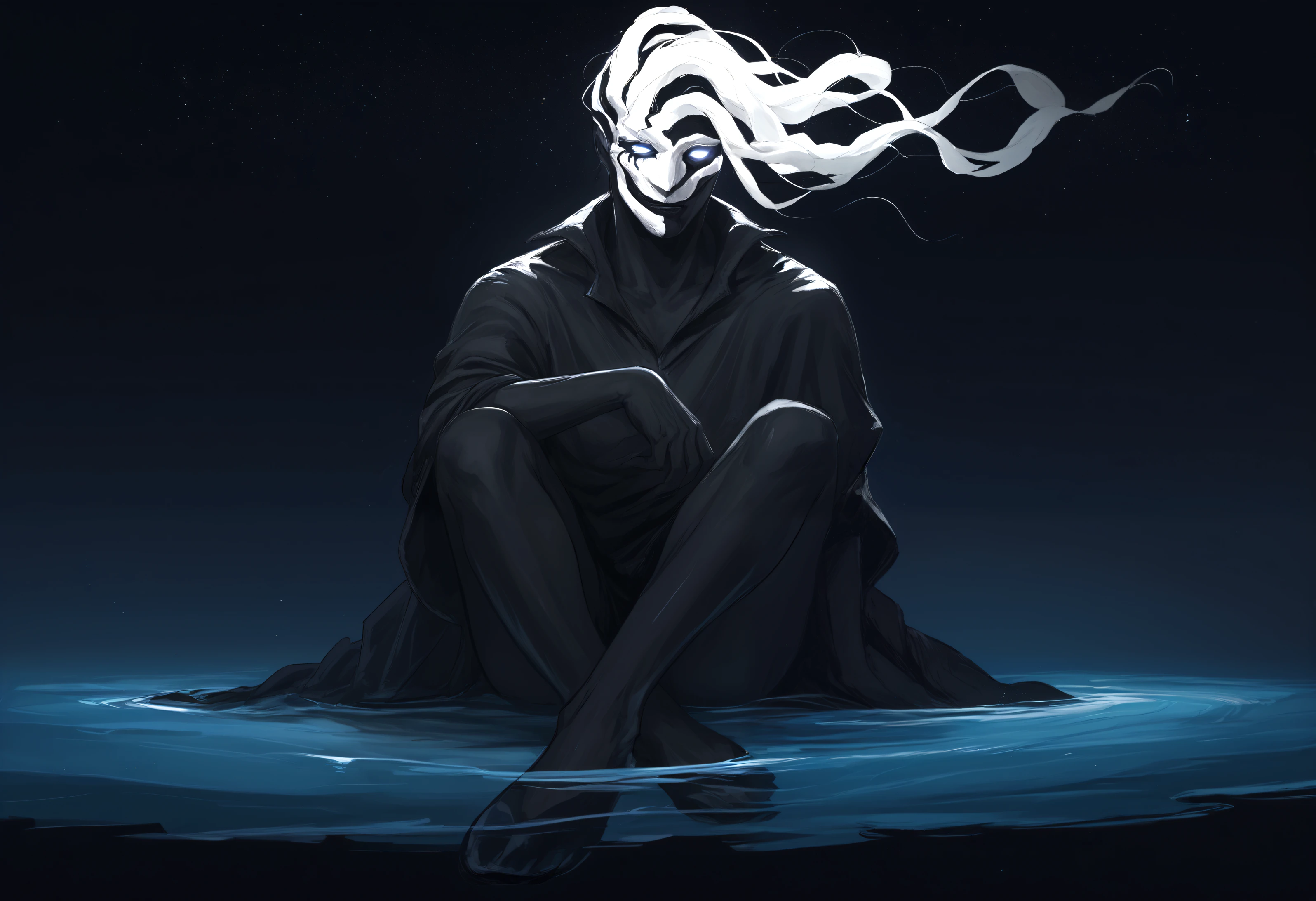 (score_9, score_8_up, score_7_up),source anime,1boy, 3rg0pr0xy, pr0xym0de, male focus, white eyes, mask, floating mask, looking at viewer, dark background, stars, sitting, near lake