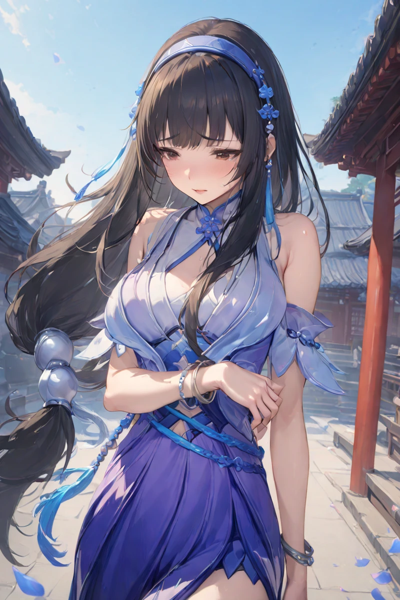 masterpiece, best quality, perfect features, 1girl, solo,shy,head down, 
, east asian architecture, sky, blue sky,petals, depth of field,arm around back, 
,brown eyes, single glove, white gloves, purple dress, hairband, hair ornament, bracelet, <lora:Xishi_xl:0.8>