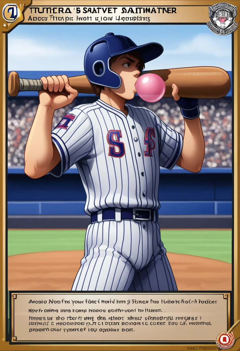 score_9, score_8_up, score_7_up, score_6_up, score_5_up, score_4_up, zPDXL2,source_anime,rating_questionable,  solo, 1girl, baseball, baseball uniform, helmet, stadium, baseball bat, bubblegum, <lora:Trading_Card:0.8> tr4dingcard, english text,