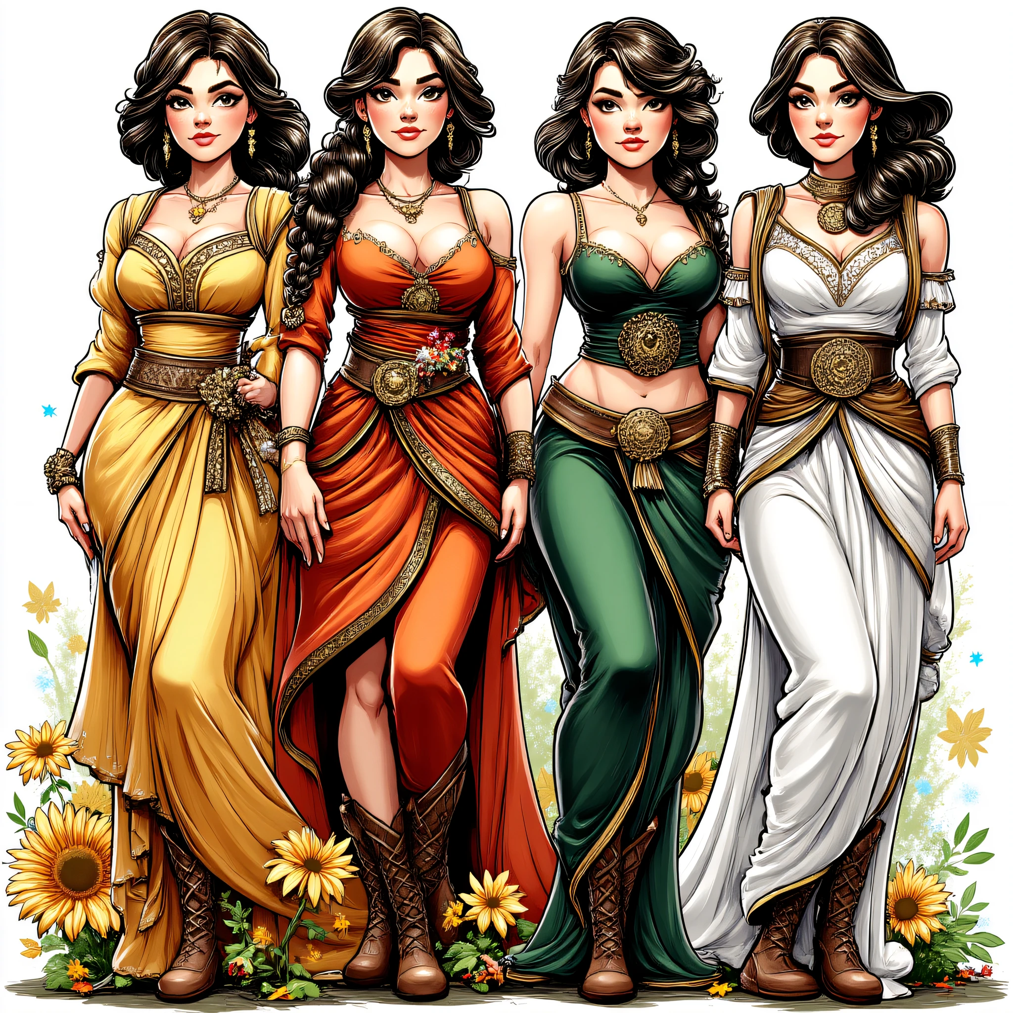 ArsMJStyle, DnDBWIllustration, four women representing the seasons, each dressed in richly detailed garments. They stand intertwined with the natural elements of their seasonsaspring blossoms, summer sunflowers, autumn leaves, and winter snowflakes.