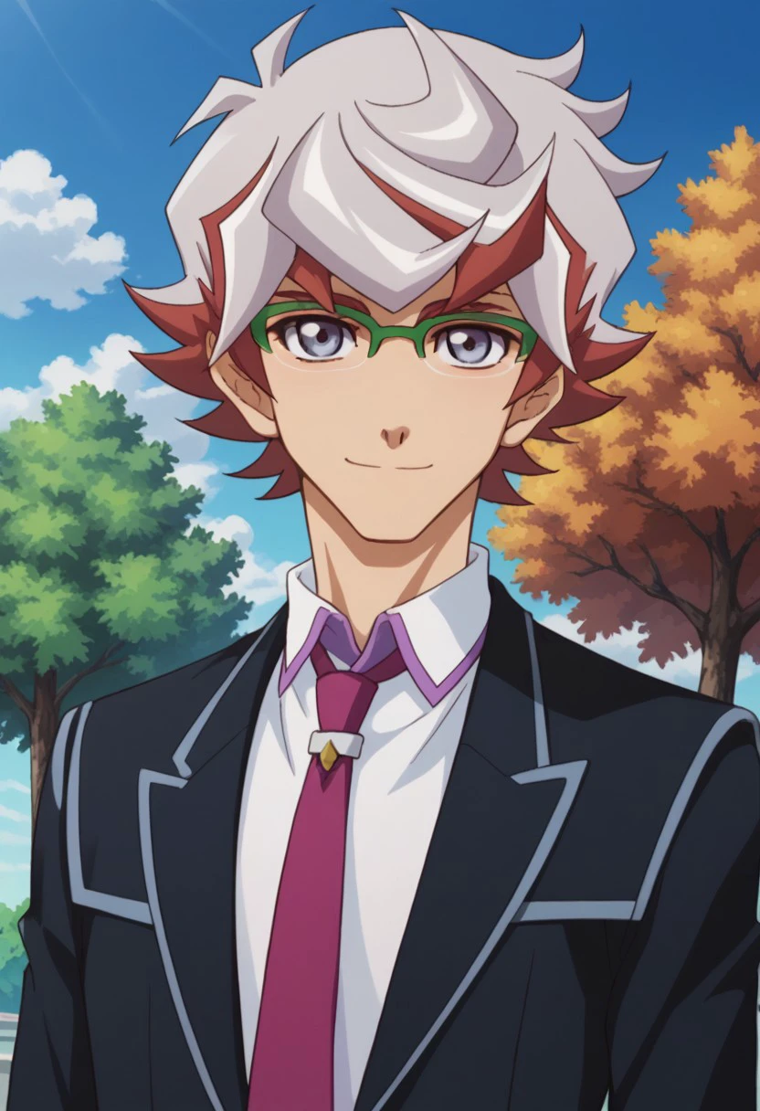 score_9, score_8_up, score_7_up, source_anime, highly detailed, 
takeru, 1boy, male focus, solo, necktie, multicolored hair, smile, formal, glasses, suit, red hair, white hair, grey eyes, two-tone hair, school uniform, standing, green-framed eyewear, upper body,
outdoor, sky, tree, cloud.