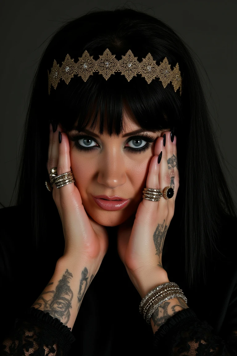 The image portrays a mysterious woJ4yd3nJ4y with intense, piercing eyes framed by dramatic black eyeliner and thick lashes. She is adorned with intricate gold jewelry, including multiple rings and a delicate crown that rests atop her head. Her fingers are elegantly positioned near her face, partially covering her eyes in a way that enhances the enigmatic atmosphere. Her long, black nails and the tattoo-like patterns covering her hands contribute to the dark and regal aesthetic. The crown and rings feature elaborate designs, adding a sense of ancient royalty or mysticism. Her hair is sleek, black, and cut in sharp bangs that accentuate her fierce expression. The overall composition, with its muted tones and detailed elements, creates a gothic, almost otherworldly vibe.