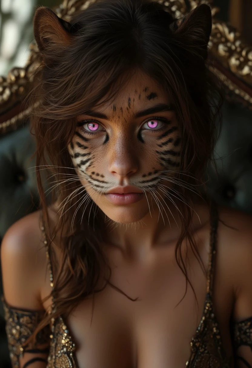 Close up Portrait of a cute anthro tiger woman, wearing toga, elegantly sitting on a throne. Focus on Her intense pink eyes with cat pupil give her an intense gaze. Dramatic lightning, updo, jewelry, taken with hasselblad