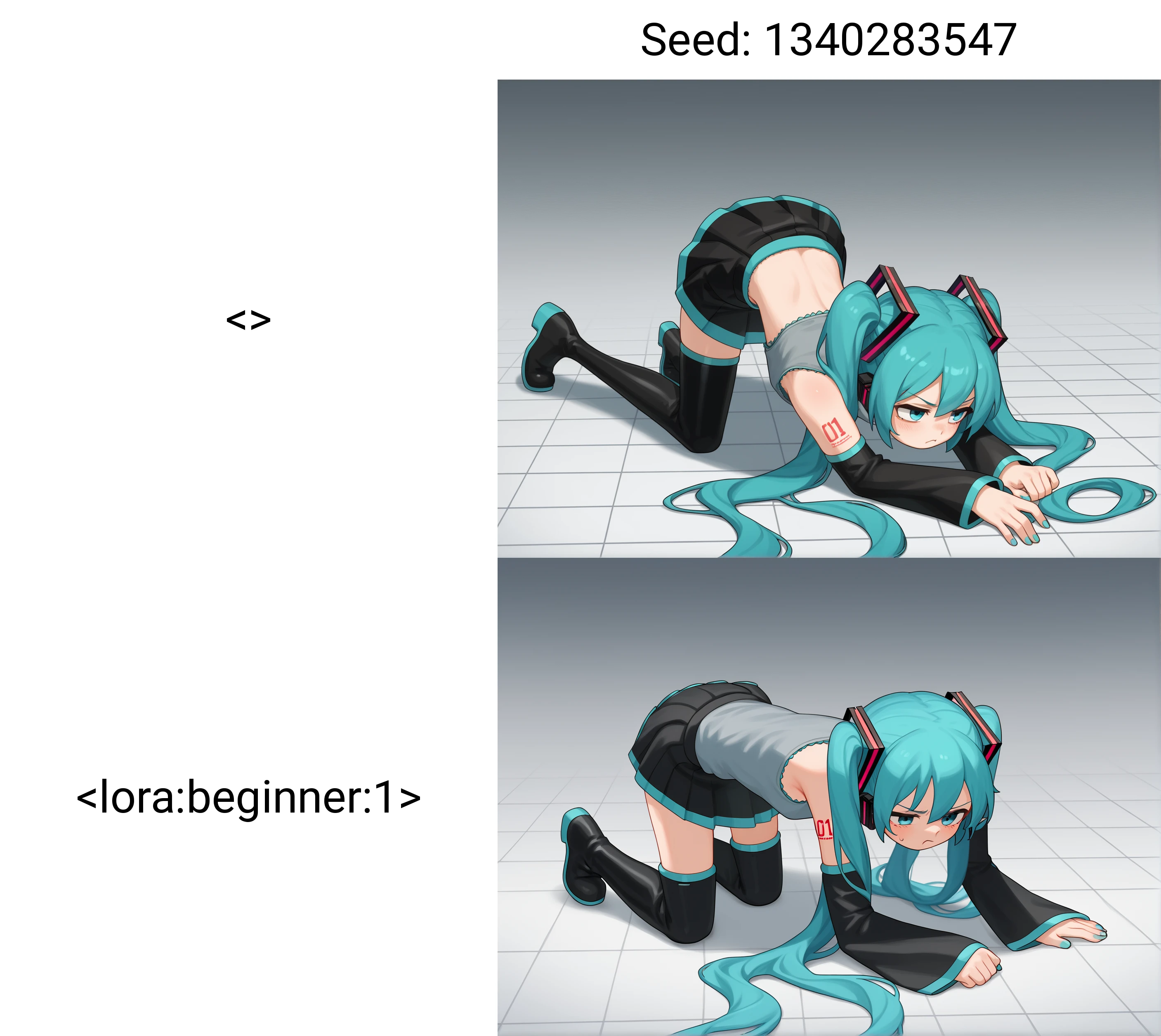 score_9, beginner, hatsune miku, all fours, 1girl, solo,
grey shirt, black sleeves, detached sleeves, skirt, black boots, twintails, pout,
tile floor, gradient background [shirt lift:2]
<>