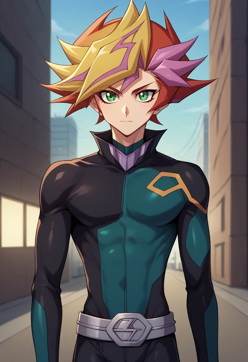 score_9, score_8_up, score_7_up, source_anime, highly detailed, 
yusaku, 1boy, male focus, solo, multicolored hair, green eyes, bodysuit, spiked hair, blonde hair, looking at viewer, closed mouth, belt, black bodysuit, dyed bangs, playmaker outfit, upper body,
outdoor, virtual reality, neon,