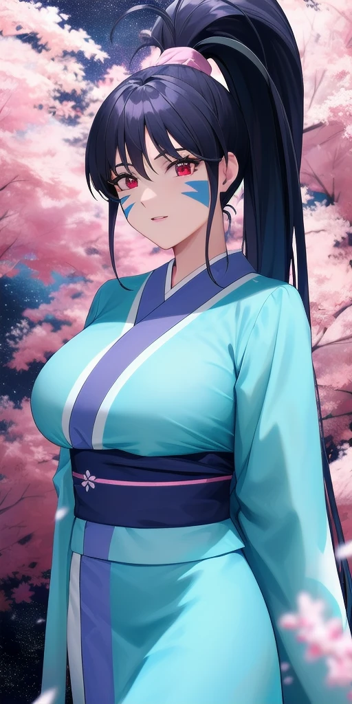 <lora:AchikaV6:0.7> masaki_achika_high_ponytail, huge_breasts, standing, solo, arms_behind_back, starry_sky, facial_mark_red_eyes_white_kimono_blue_trim_pink_back_bow_aqua_sash_wide_sleeves, masterpiece, best_quality, detailed_face, detailed_eyes, highres, beautiful, detailed, absurdres,