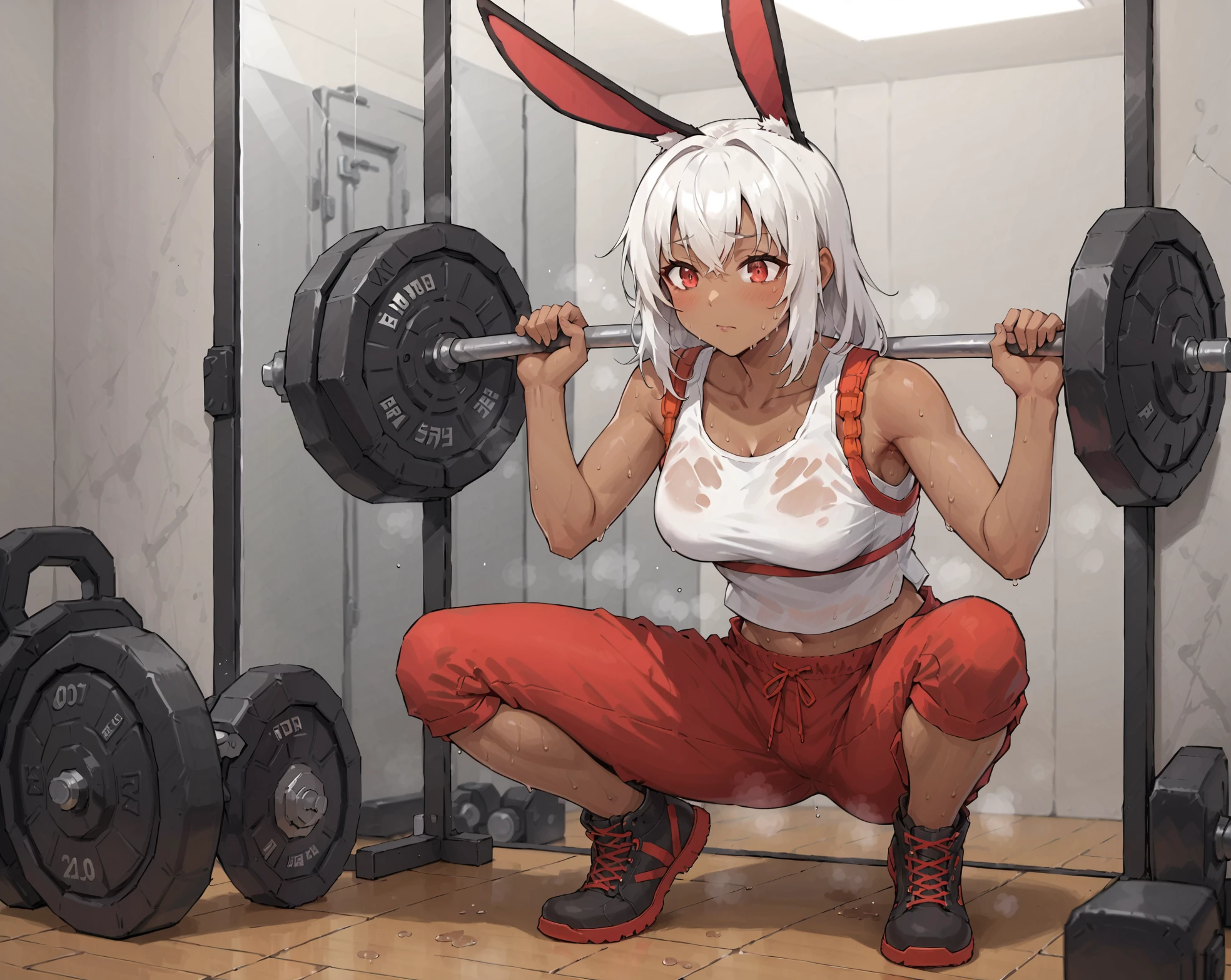 <lora:NS2000_Girls_Frontline:0.8> ns2000, dark skin, rabbit ears, white hair, bangs, red eyes, white tank top, sweat pants, boots, lifting weights, heavy weights, gym setting, wall mirror in background, squatting, sweating