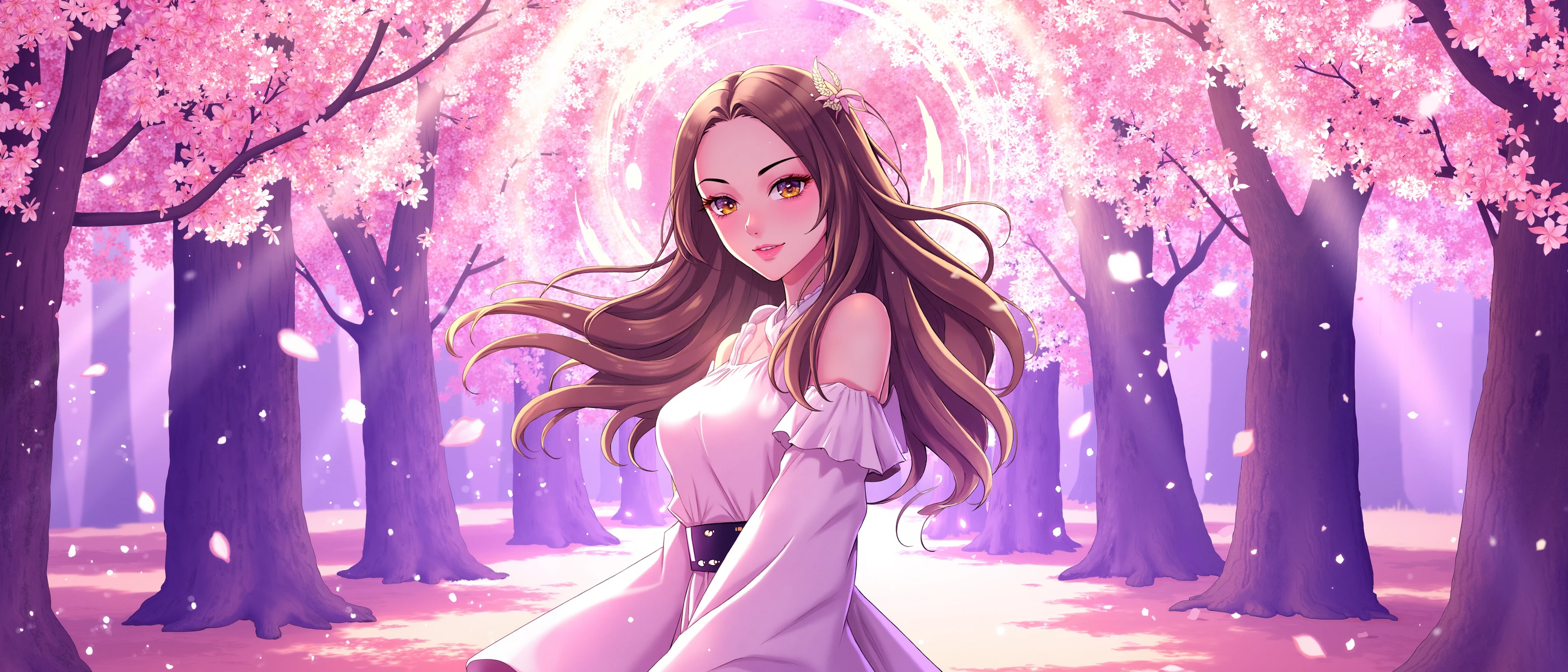 portrait, A vibrant and richly detailed illustration close up of a woman standing in the center of an enchanting sakura forest. The scene is alive with color as thousands of sakura petals float gracefully through the air, each one glowing with a soft, magical light that shifts between shades of pink, violet, and gold. These luminous petals swirl around the girl, creating a halo of ethereal light that makes her the focal point of the scene. Her long, flowing hair is gently lifted by the breeze, and her delicate expression conveys both serenity and awe as she stands bathed in the soft, warm glow of the sakura leaves.

The forest around her is a breathtaking explosion of colors, with rich hues of pink and white blossoms filling the canopy, while the ground is dappled with the soft pastel shades of fallen petals. Beams of sunlight filter through the blossoms above, casting radiant streaks of light that dance with the glowing petals. The lighting enhances the magical feel of the scene, as the air itself seems to shimmer with an otherworldly radiance. The entire artwork is a mesmerizing blend of vibrant colors and glowing light, creating a dreamlike, peaceful atmosphere as the girl stands amidst the swirling petals in this mystical, colorful sakura forest