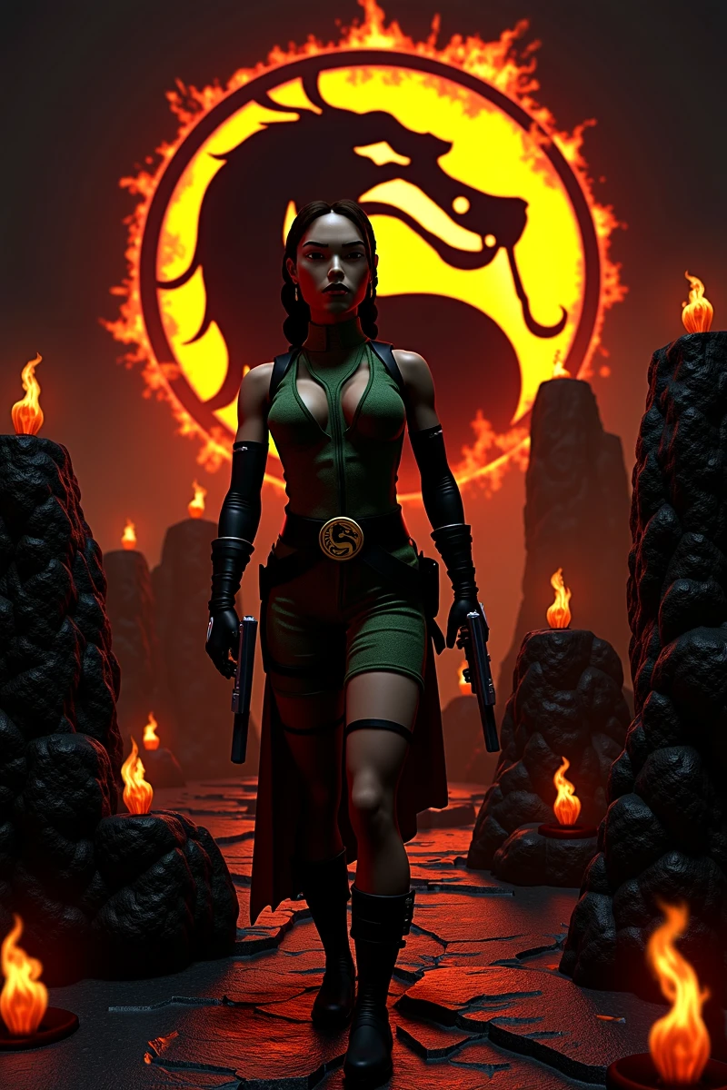 The image is a L4r4Cr0ft woman wearing a Mortal Kombat costume. She is in front of floating rocky islands with splashes of magmas that go through the screen. There is the Mortal Kombat Logo in the background. There should be a high contrast between the main subject and the background.