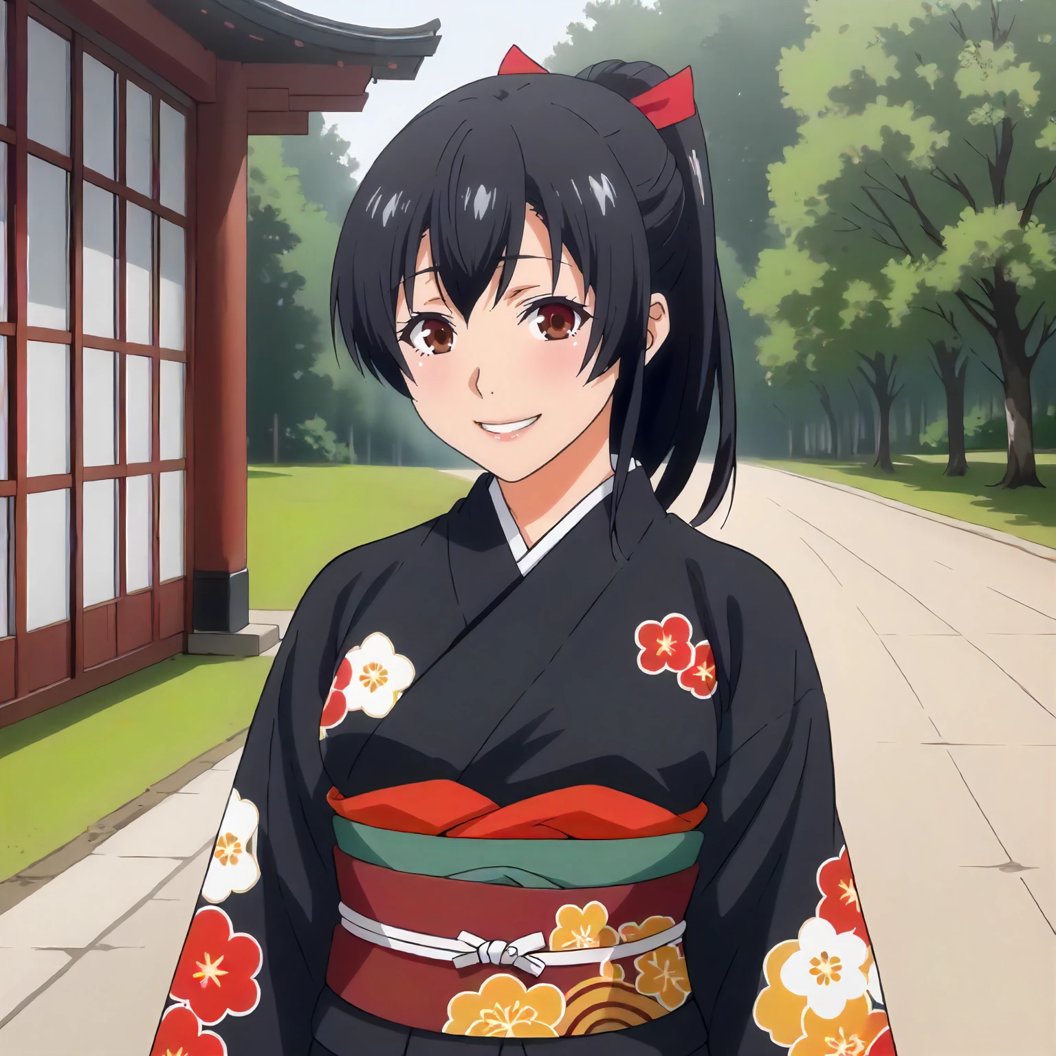 <lora:ToY_AoiXLpony002>,
outdoors,nature,
smile,
solo,
Aoi,1girl,black hair,ponytail,red hairbow,brown eyes,
standing,
print_kimono,