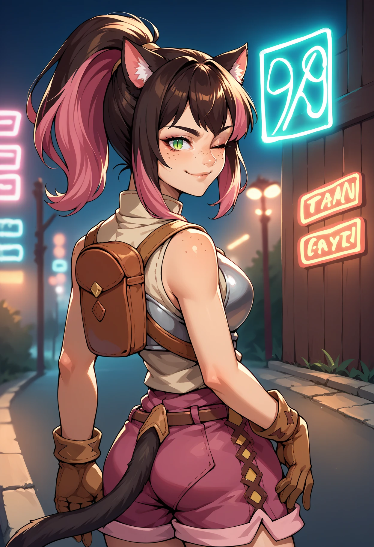 score_9, score_8_up, source_anime, 1girl, solo, xivmc, animal ears, two-tone hair, ponytail, green eyes, slit pupils, freckles, cat tail, NoviceClothes, breastplate, brown belt, backpack, pink shorts, pelvic curtain, brown gloves, brown boots, cowboy shot, outside, modern city street, night, neon lights, bokeh, depth of field, makeup, grabbing own butt, smug, one eye closed, looking at viewer, <lora:ChamRagnarokOnlineNovicePonyXL:1>, <lora:clamXIVMC_v31:0.8>