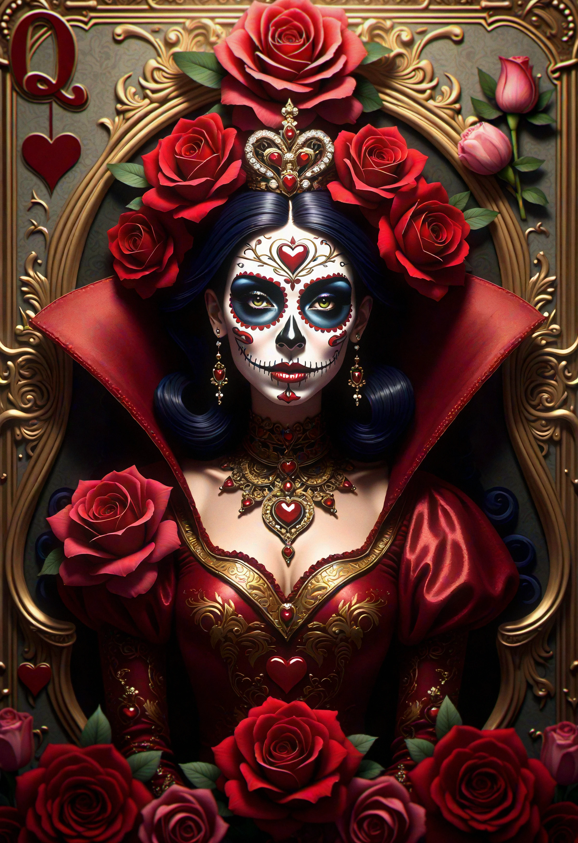 ethereal fantasy concept art of  Close-up of the Queen of Hearts emerging from the center of an ornate playing card. She wears a deep crimson gown with gold embroidery and a sparkling heart-shaped crown. The background features lush red and pink roses. Above her, "La Catrina" is written in elegant script. The scene evokes Día de los Muertos with hints of marigold scent and pan de muerto. Her eyes reflect a blend of playful and haunting wisdom, merging fantasy with reality. bo-catrina, mexican folk art, skulls,  . magnificent, celestial, ethereal, painterly, epic, majestic, magical, fantasy art, cover art, dreamy, <lora:FLUX La Catrina v1\FLUX La Catrina_epoch_5.safetensors:1.0:1.0>