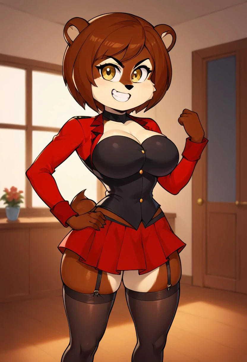 score_9, score_8_up, score_7_up, masterpiece, best quality, room, hotel, (very beautiful eyes, big thighs, Wide waist, big breasts), 1girl, EvaS, Brown hair, yellow eyes, short hair, furry female, tail, furry ears, brown fur, Red jacket, skirt, long stockings,, sexy pose, Smile, chibi, Hand on waist, Angry,