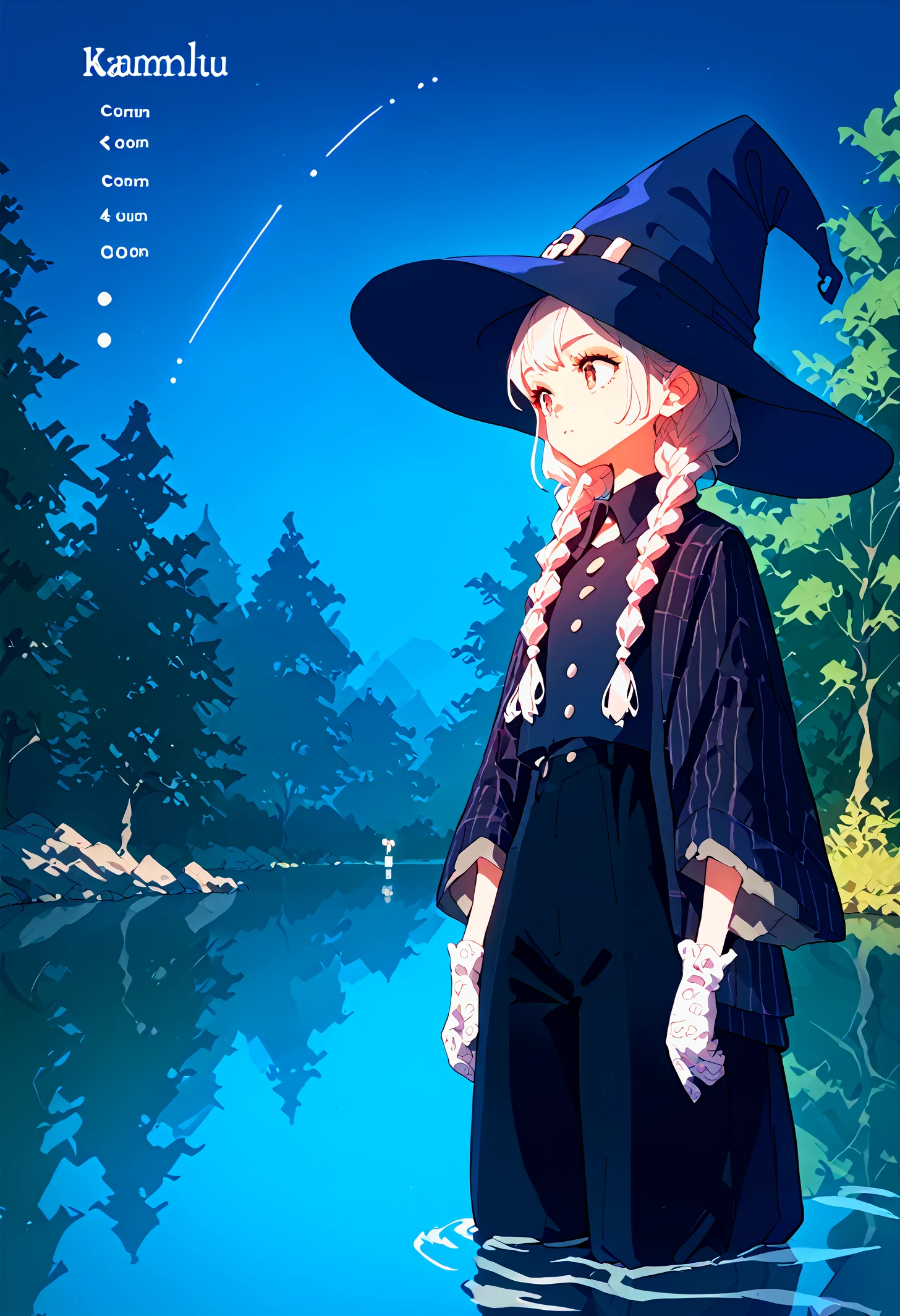 score_9,score_8_up,score_7_up,source_anime,1girl,solo,makeup,witch hat,tri braids,Quilted coat,high-waisted pants,knit gloves,alternate element,character chart,moonlit,walk,riverbank,night,reflection,(calm:1.2),water,trees,pebbles,shadows,