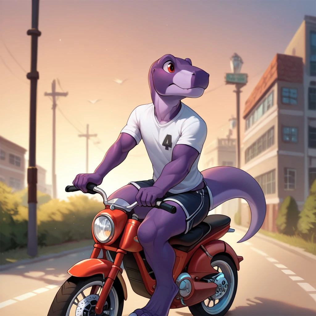 score_9, score_8_up, score_7_up, score_6_up, source_furry, Chomperlbt, anthro, male, Tyrannosaurus, theropod, bipedal, dinosaur, scalie, purple skin, red eyes,  riding a bikes down the street, shirt, shorts, <lora:aae7a834-1902-4192-a220-a708e8ffc546:0.7>