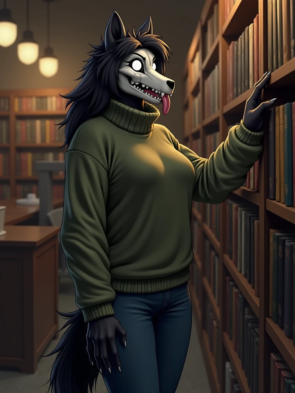 A digital artwork of scp-1471, a female monster with a canine skull head and glowing pupils. She sticks her tongue out. In a quiet bookstore, dim light from hanging lamps casts a warm glow. A female monster named SCP-1471 with black fur and claws is browsing through shelves, wearing a casual, loose-fitting olive-green turtleneck sweater and blue jeans, her fingers gently running over the spines of the books. She seems at ease in this quiet, reflective space.