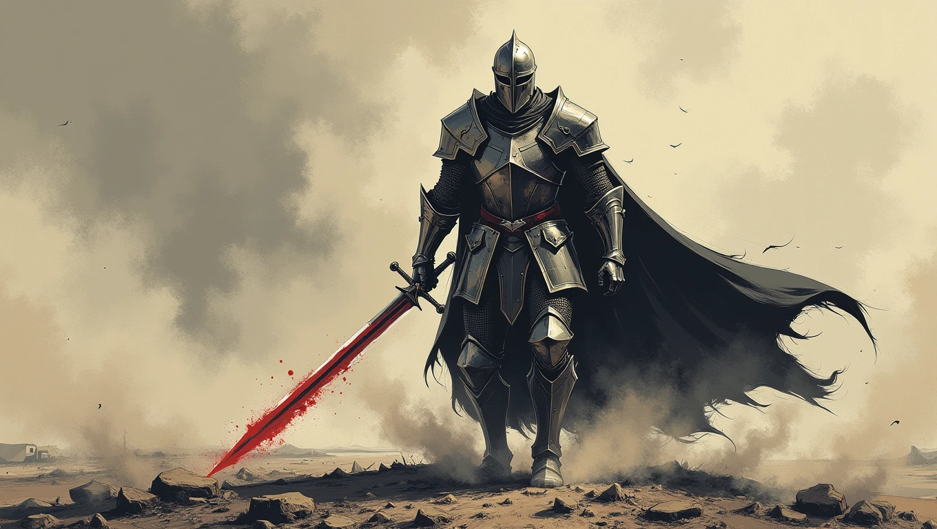 d4rkc0mic . A spectral knight clad in ancient crusader armor roams a desolate battlefield, his form flickering like a ghost. His sword, once a symbol of righteousness, now drips with ethereal blood. The air around him is cold, and his eyes burn with an unfulfilled purpose
  <lora:dark-comic:0.8>