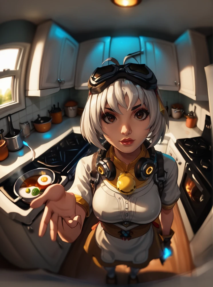 source_cartoon, 1girl, razor_battle, short hair, goggles, lips, goggles on head, white hair, brown eyes, bel, neck bell, full body, nice hands, cooking egg, gpu, cooking on a gpu, kitchen scene, character standing at stove, cracking egg into pan, steam rising, modern kitchen, looking to viewer, Fisheye, soft light, cowboy shot, arge breasts, high angle shot, shallow depth of field, backlight, <lora:razorbattle-05:0.9>, <lora:Fisheye_Style:1>, , rating_questionable, score_9, score_8_up, score_7_up,