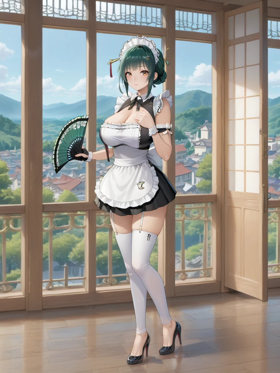 1girl, solo, Hanying, green hair, brown eyes, large breasts, hair bun, hair stick, maid, short skirt, thighhighs, high heels, standing, holding fan, indoors, window, scenery <lora:Alt_Focus:1>