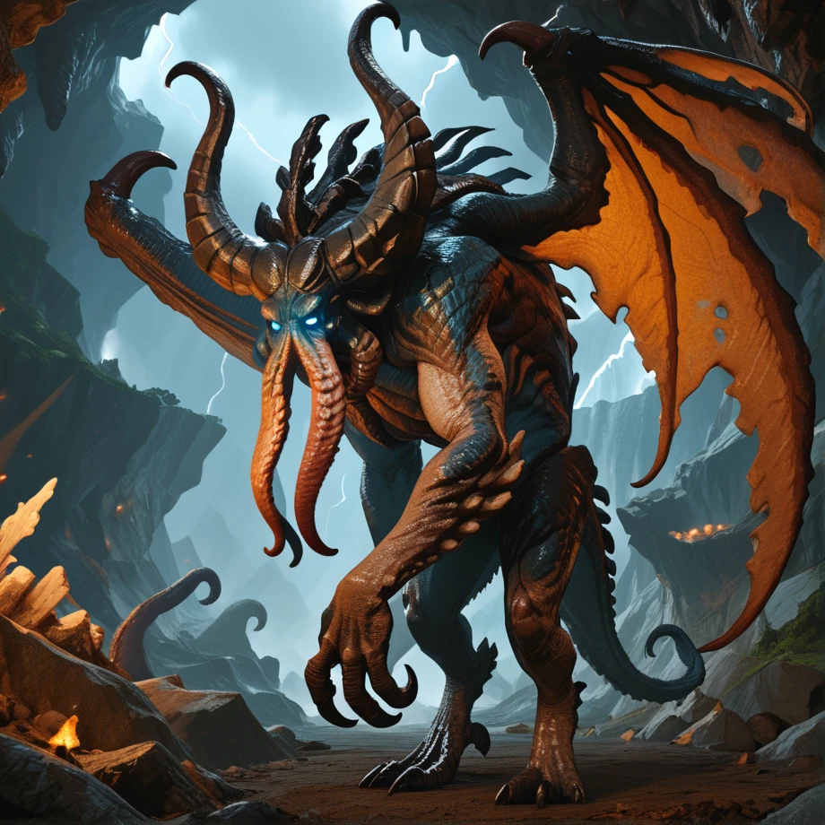 score_9, score_8_up, score_7_up, masterpiece BREAK
monster (Kraken, four eye, glowing blue eye, hunched over, horns(tentacle mouth)monster, side-ways mouth, detailed background, dark, cave, tentacle wing, squid-like face, claws, floating, lightning arc in tentacle wings, tentacle wings), tenatcles <lora:Kraken_-_Evolve-000006:0.8>