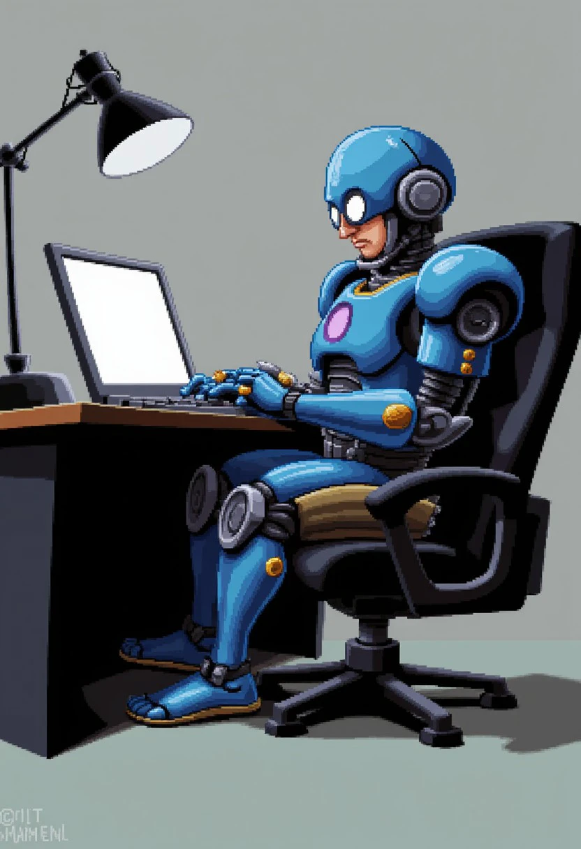 dottstyle, robocop sitting down on an office chair, typing on a laptop.  <lora:Day_of_the_Tentacle_Style_F1D:0.9>