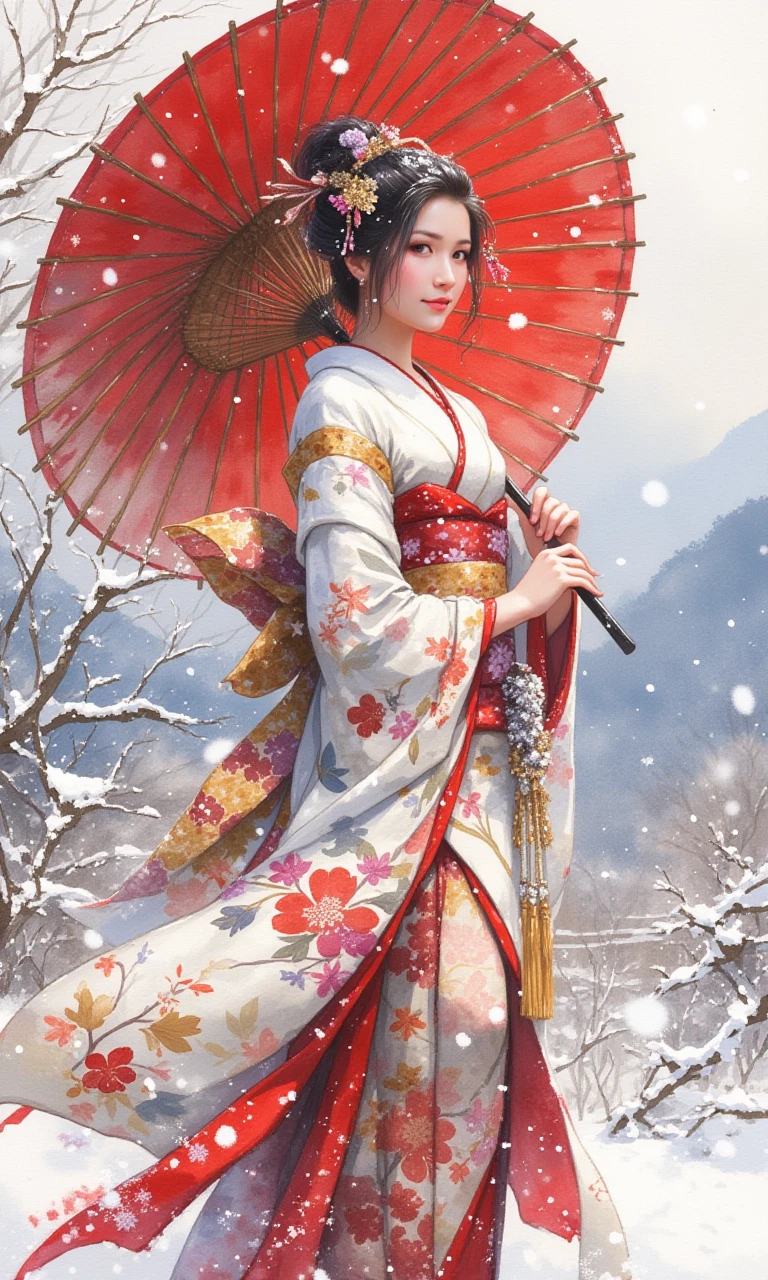 Watercolour style, digital artwork, a beautiful woman in a flowing, intricately patterned kimono, standing gracefully in the falling snow, holding a traditional Japanese paper umbrella. Her kimono features delicate floral motifs in soft shades of red, gold, and white, contrasting with the soft blue and white tones of the snowy landscape. Snowflakes gently settle on her dark, elegantly styled hair, while the umbrellaâs vibrant red hue adds a bold accent to the tranquil scene. Her serene expression reflects the quiet beauty of winter, and the muted colors of the background, with snow-covered trees and distant mountains, enhance the peaceful and ethereal atmosphere. Inspired by traditional Japanese ukiyo-e art, the image captures a perfect balance of elegance, serenity, and seasonal beauty.<lora:watercolor_v1:1>