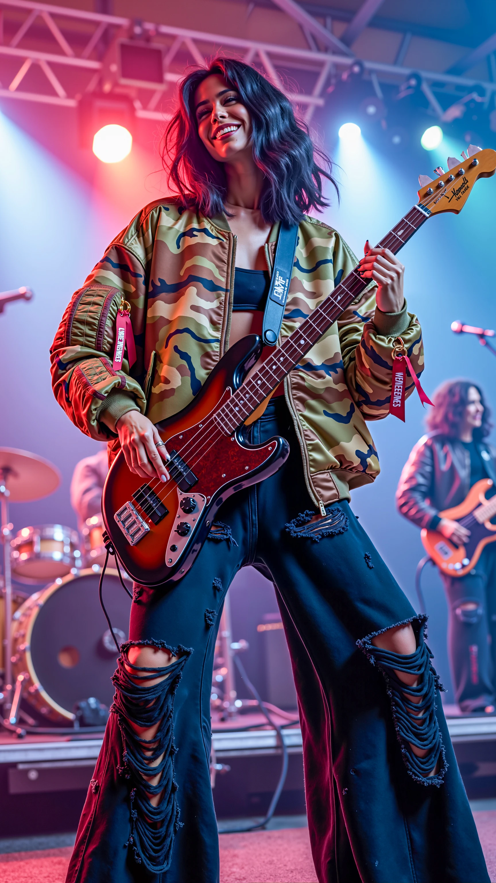 a vibrant concert stage, the model radiates energy and excitement as she plays an electric bass guitar. Her dark, wavy hair cascades down her shoulders, framing her face as she grins with infectious enthusiasm, fully immersed in the music. She’s positioned in a powerful, wide-legged stance, one knee bent as she leans into the performance, her body language exuding confidence and passion.

She is wearing an oversized camouflage bomber jacket with multiple patches and pockets, adorned with bright red fabric tags that read 'VETEMENTS,' giving her a rugged, stylish look. The jacket is paired with black, distressed flared jeans with significant tears, and high heels, adding an edgy contrast to her dynamic stage presence. The fashion-forward streetwear contrasts with the vibrant stage lights and music gear, amplifying her rockstar persona.

The mood is electric and full of energy, with stage lights casting colorful glows around the model as she moves in rhythm with the music. The camera captures her from a slightly low angle, focusing on her joyful expression and the commanding way she handles her bass guitar, reinforcing the excitement and charisma of the live performance