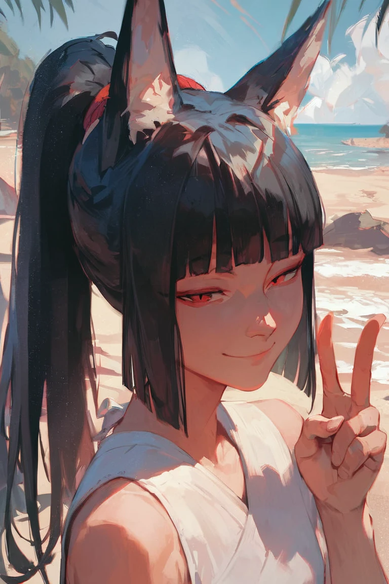 score_9, score_8_up, score_7_up, source_anime, hi res, masterpiece, best quality, highres, 1girl, black hair, ponytail, red eyes, blunt bangs, sidelocks, half-closed eyes, smile, closed mouth, v, beach, fox girl