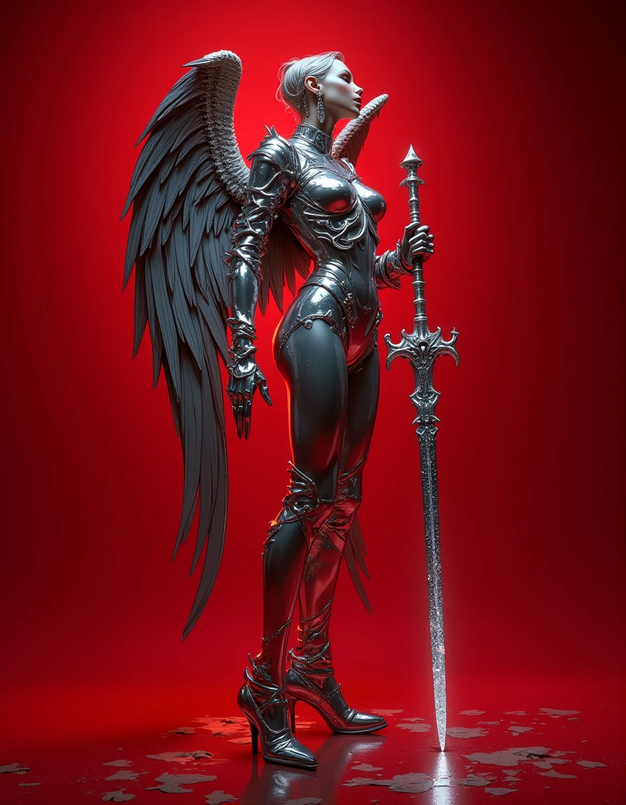 hyper realistic high definition photography image of a angel we aring a chrome suit, the suit looks futuristic lights up and studd ed with silver crystals ,shining silver wings, long silver glistenin g gothic looking sword stuck in the ground " in striking style, ta il and thin , longleg, immersed in some kind of fantasy, red background, very low light, each detail in high definition ,full bo dy shot, upward view ï¼uhd  <lora:K-popNijiV.2_000001000:0.75>