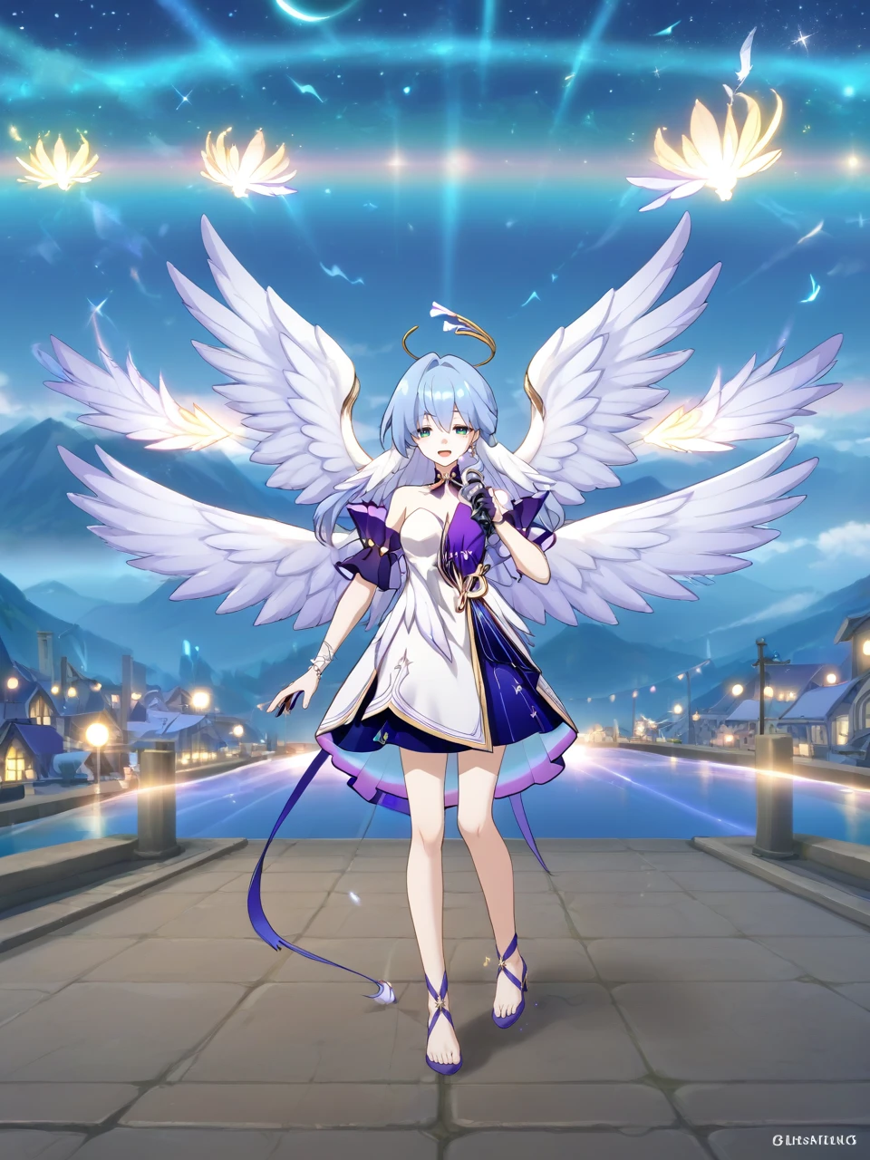 1girl, solo, Robin \(Honkai: Star Rail\), standing, dress, holding microphone, singing, angel wings, prismatic wings, flying, feathers, song notes, dynamic scenery, outdoors <lora:Alt_Focus:1>