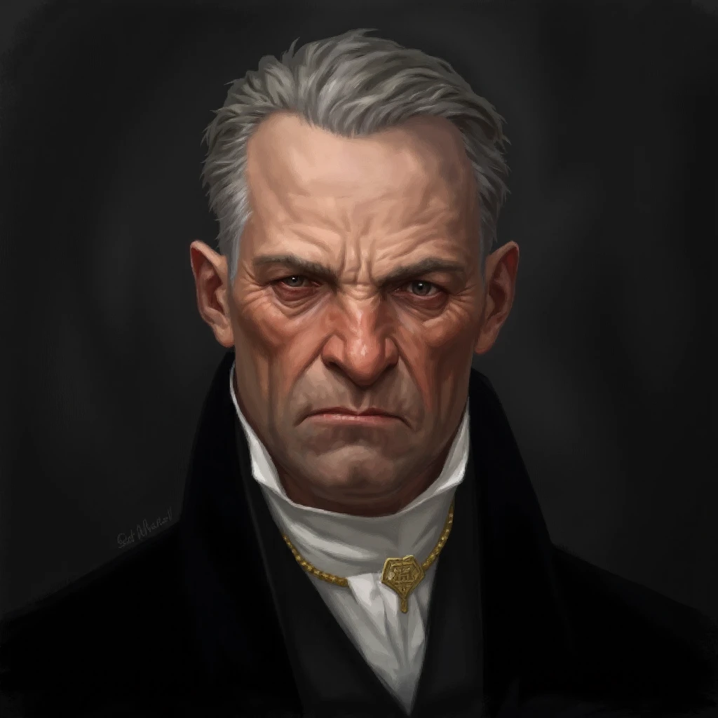 D_Hstyle, this is a highly detailed digital painting of a middle-aged man with a stern, serious expression. the artwork is rendered in a realistic, yet exaggerated style, with a focus on texture and shading. the man has a pale complexion, with pronounced wrinkles and fine lines around his eyes and mouth, indicating age. his hair is short, gray, and slightly tousled, with a few strands falling over his forehead. his eyes are dark and piercing, with a slight squint, adding to his intense demeanor.