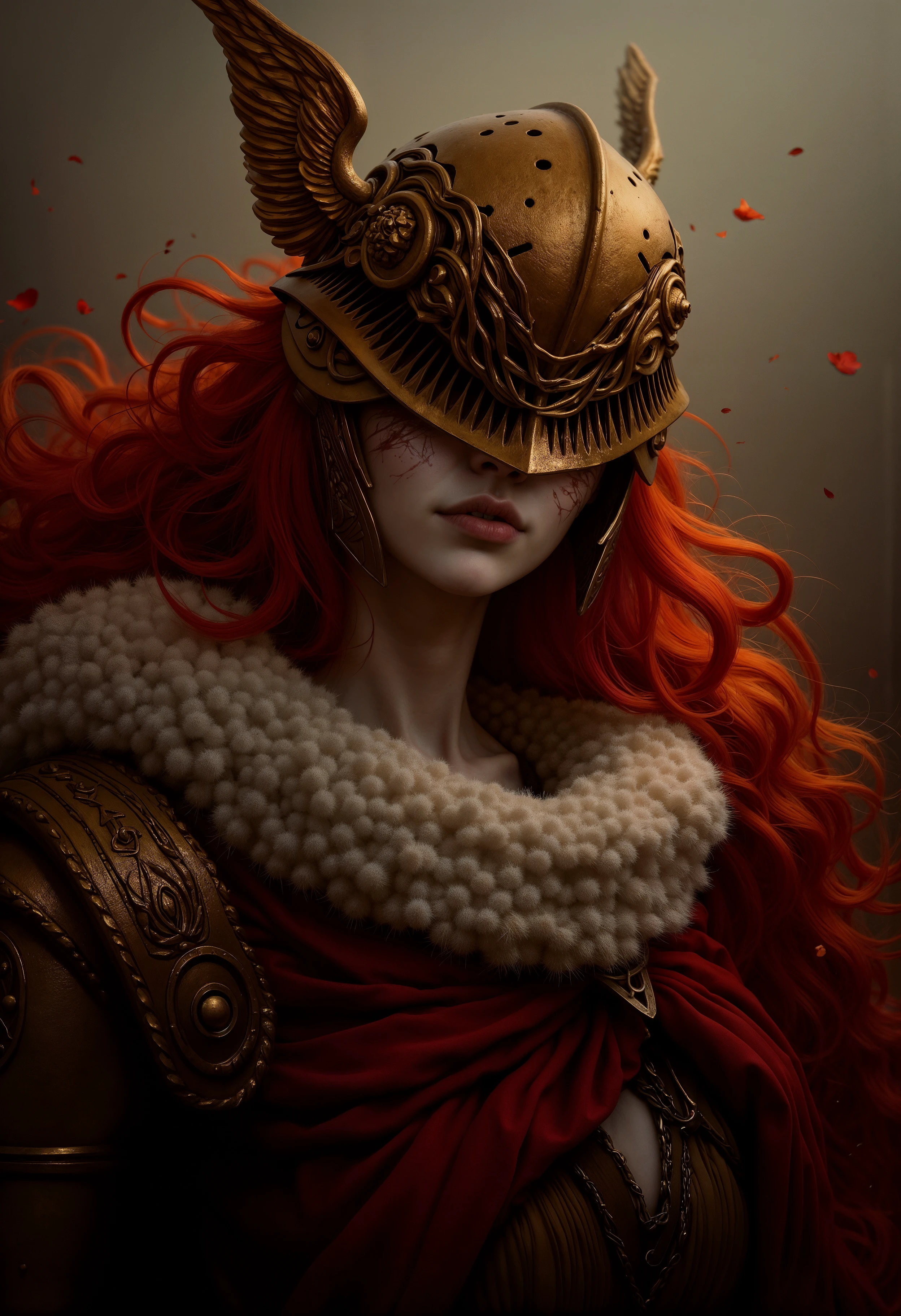 A captivating and haunting image of MaleniaNorm, her battle-worn beauty and unyielding grace captured in stunning detail. Her skin is a pale, almost ethereal tone, marked with faint scars and the wear of countless battles. Her long, fiery red hair cascades around her, contrasting sharply with her golden helm and armor, adorned with intricate thorn-like designs. She stands dressed in her iconic, tattered crimson and gold attire, the fabric and metal telling a tale of endless conflict and resilience. Her ghostly, determined eyes pierce through the scene, exuding both strength and sorrow. The high-quality rendering captures every detail of Malenia’s enigmatic and fearsome presence, drawing viewers into the dark, enchanted world of the Lands Between, where beauty and brutality coexist in a mesmerizing dance. <lora:FluxMaleniaNorm:1>