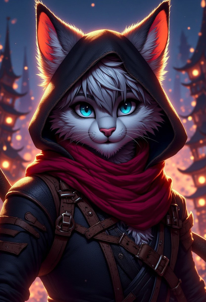 fursona cat,  cat assassin wearing black leather and red trim with a red scarf cover their face