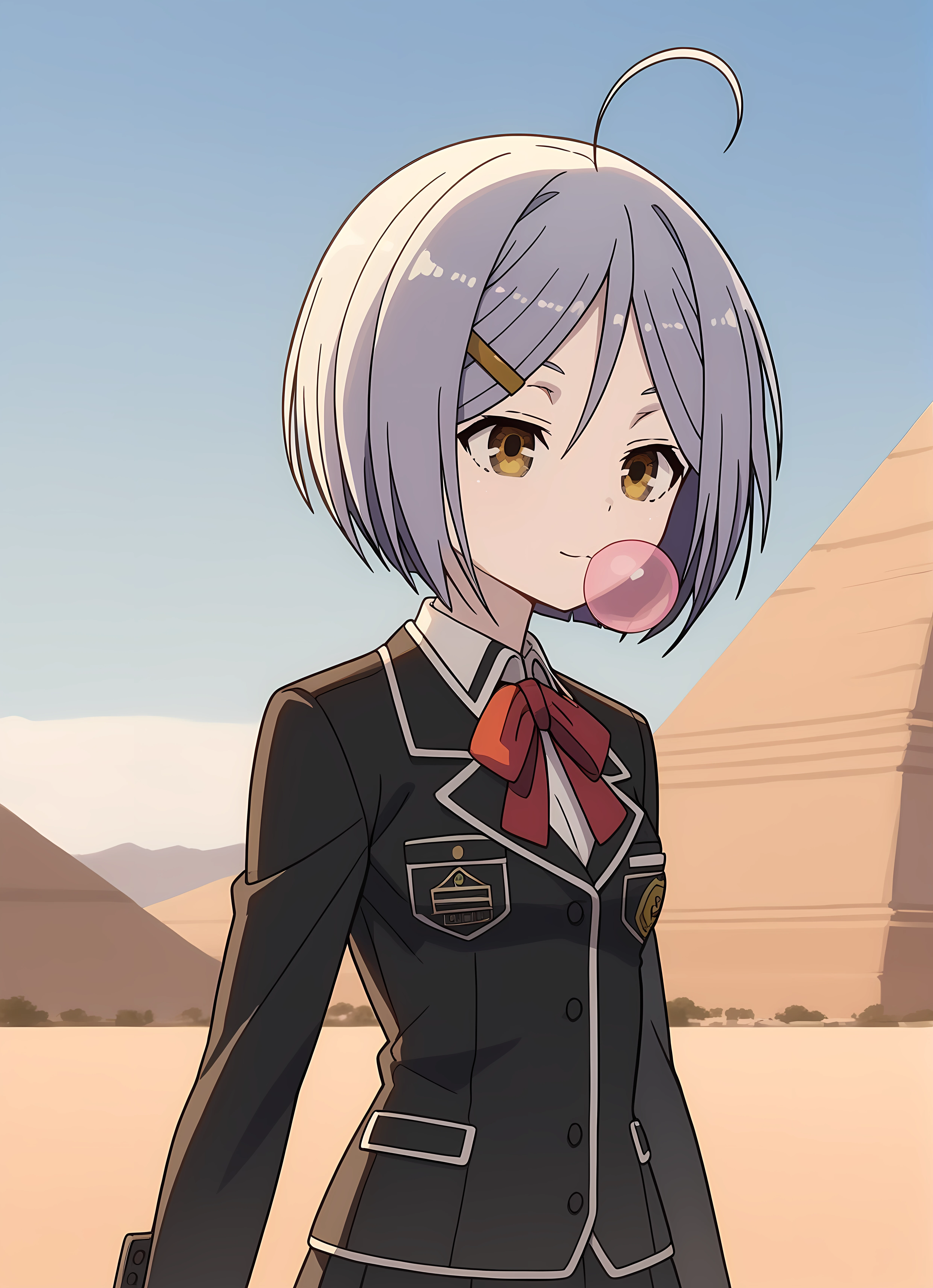 score_9,score_8_up,score_7_up,closed mouth, shiny skin, light smile,ohwx, 1girl, short_hair, solo, grey_hair, ahoge, brown_eyes, hair_ornament, hairclip, yellow_eyes, hair_between_eyes, solo_focus,school_uniform, serafuku, skirt, jacket, blazer, shirt, long_sleeves, ribbon, bow, Pretending to have stepped in bubble gum, ancient pyramid in a cosmic desert,<lora:hijiri_kasuga_pony_sobsynapse-000010:1>