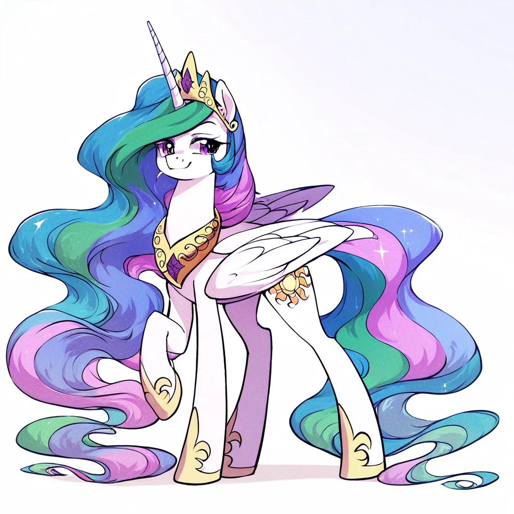 score_9, score_8_up, score_7_up, score_6_up, source_pony, high quality, absurd resolution, Nekoshiei, color, female, mare, princess celestia, alicorn, mischievious smirk, raised hoof, full body