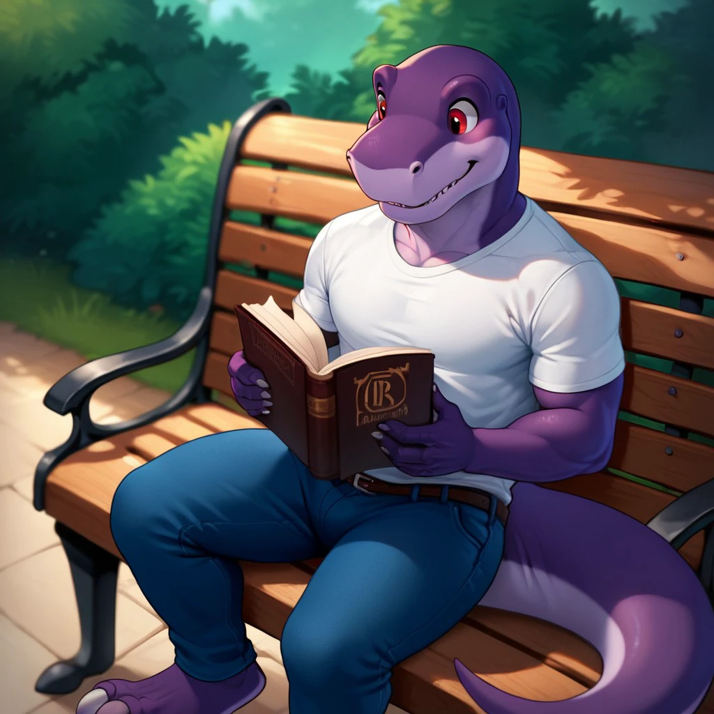 score_9, score_8_up, score_7_up, score_6_up, source_furry, Chomperlbt, anthro, male, Tyrannosaurus, theropod, bipedal, dinosaur, scalie, purple skin, red eyes,  adult anthro, shirt, pants, sitting on a park bench reading book, <lora:4405b1f5-91f0-4280-aba9-353fb1e3466a:0.7>