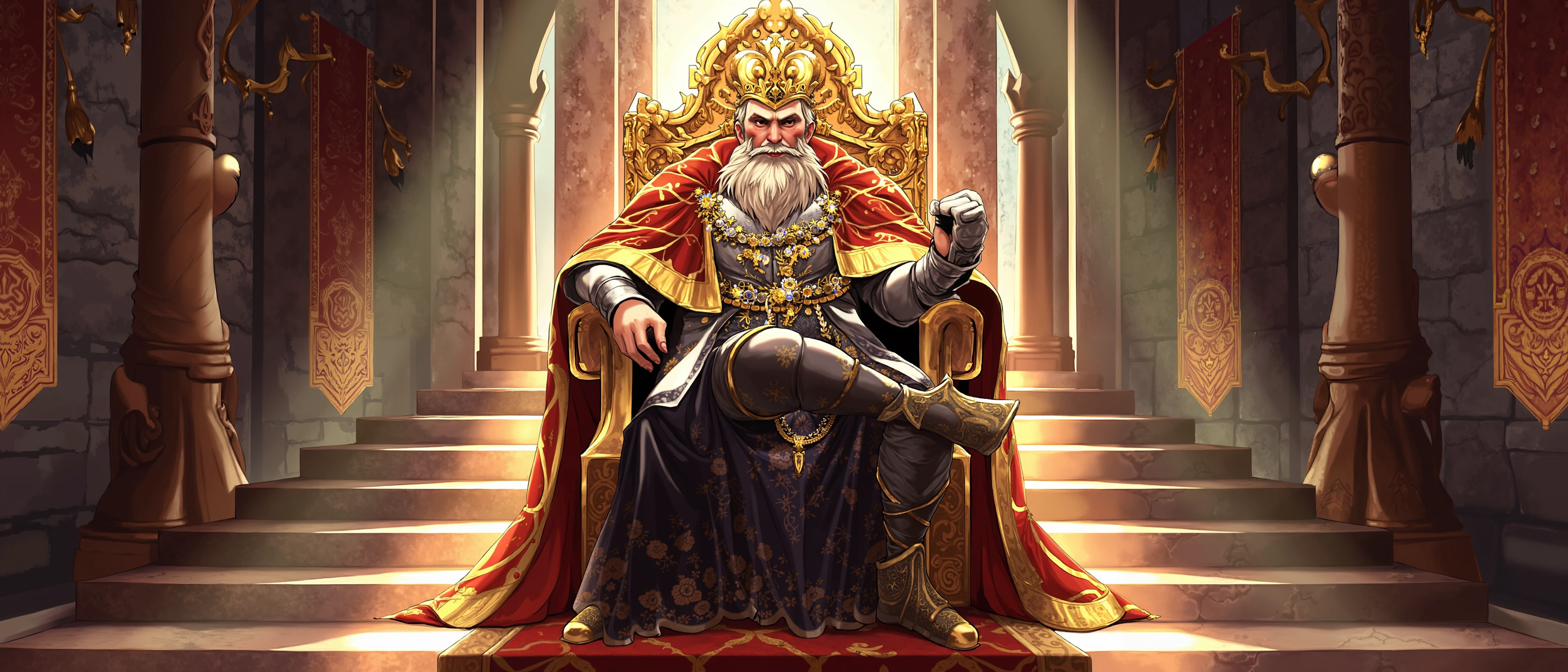 Joyful, A regal king sits upon an ornate, towering throne in the heart of a grand throne room. His presence commands attention, with a crown gleaming atop his head and a flowing, richly embroidered cloak draped over his broad shoulders. The cloak, lined with intricate golden patterns and royal symbols, cascades down the steps of the throne, blending seamlessly into the marble floor. His armor, though ceremonial, is adorned with detailed engravings and precious stones, reflecting the light from the grand chandeliers above.

The throne room itself is vast, with towering stone columns lined with banners bearing the kingdom's sigil. Sunlight pours through the tall, arched windows, casting long, dramatic shadows across the room. Behind the king, a backdrop of intricate tapestries tells the story of his lineage. The room is filled with a palpable sense of power and authority, as courtiers and guards stand at attention, awaiting his command. The king’s face is weathered but dignified, his gaze steady and strong, reflecting the weight of his rule and the history of his reign