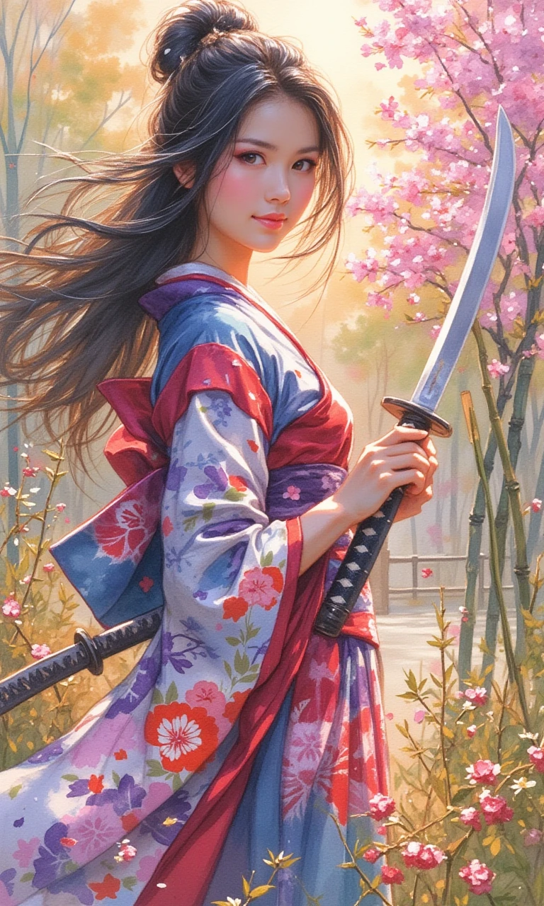 Watercolour style, digital artwork, a beautiful woman dressed in a traditional silk kimono adorned with intricate floral patterns, standing in a quiet Japanese garden at dusk. She holds a katana with both hands, the blade reflecting the soft glow of a fading sun. Her expression is calm but determined, framed by her flowing black hair that cascades over her shoulders. The garden around her features delicate cherry blossoms and bamboo, painted with soft, fluid brushstrokes in pastel pinks and greens. The overall mood is one of elegance and strength, with a harmonious balance between the peaceful garden and the poised warrior. The image draws inspiration from Edo-period art, capturing the serenity and beauty of the scene with vibrant yet soft colors.<lora:watercolor_v1:1>