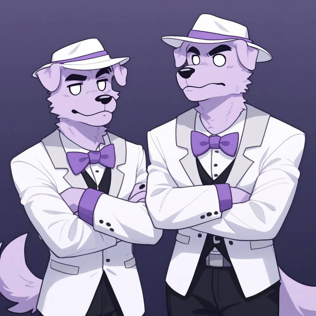 UHYEAH, light purple fur, completely white eyes, white tuxedo, Purple bow, white fedora with purple ribbon, black pants, crossing arms, raising right eyebrow