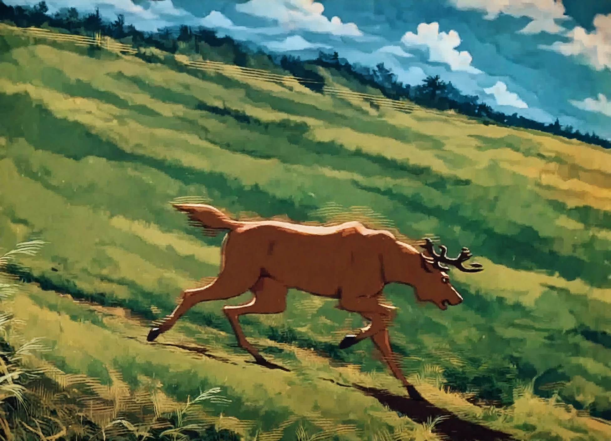 <lora:peak_pony_v1:1> a frame from "mouse peak \(1978\)" an elk is running through a field, score_9, score_6_up, score_7_up