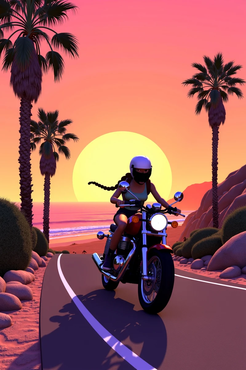 The image is a L4r4Cr0ft woman riding a motorcycle on the road 666 in California. It is sunset and there are palm trees, rocks, bushes and some cliff with a coastline. Overall the image is in tints of oranges and pink.