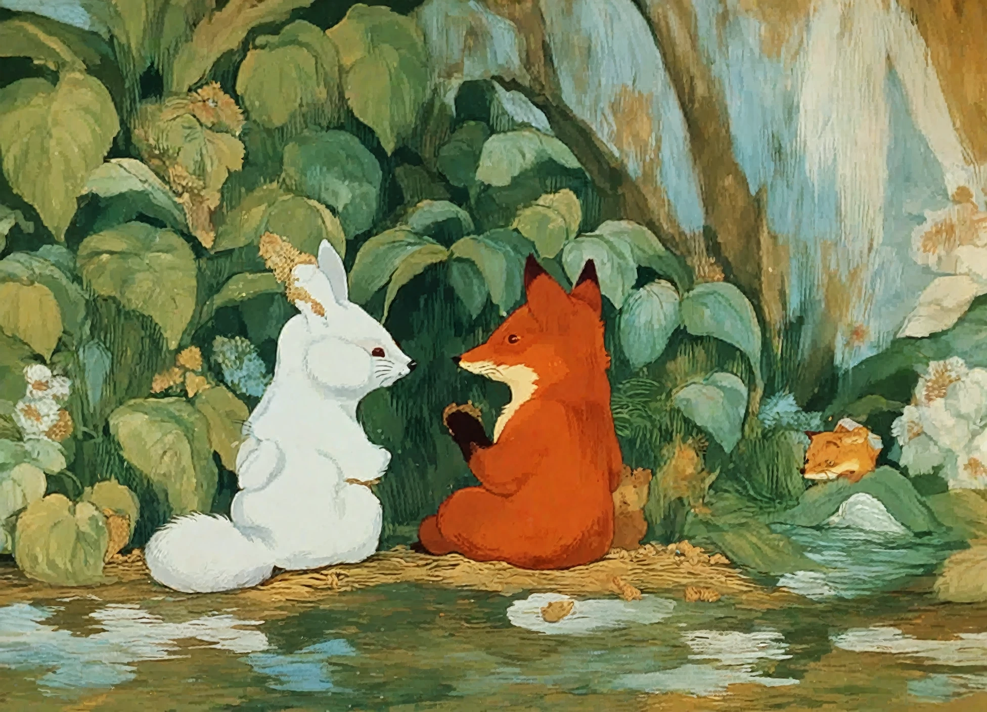 <lora:peak_pony_v1:1> a frame from "mouse peak \(1978\)" In this frame  a white hare is sitting beside a fox,2other, score_9, score_6_up, score_7_up