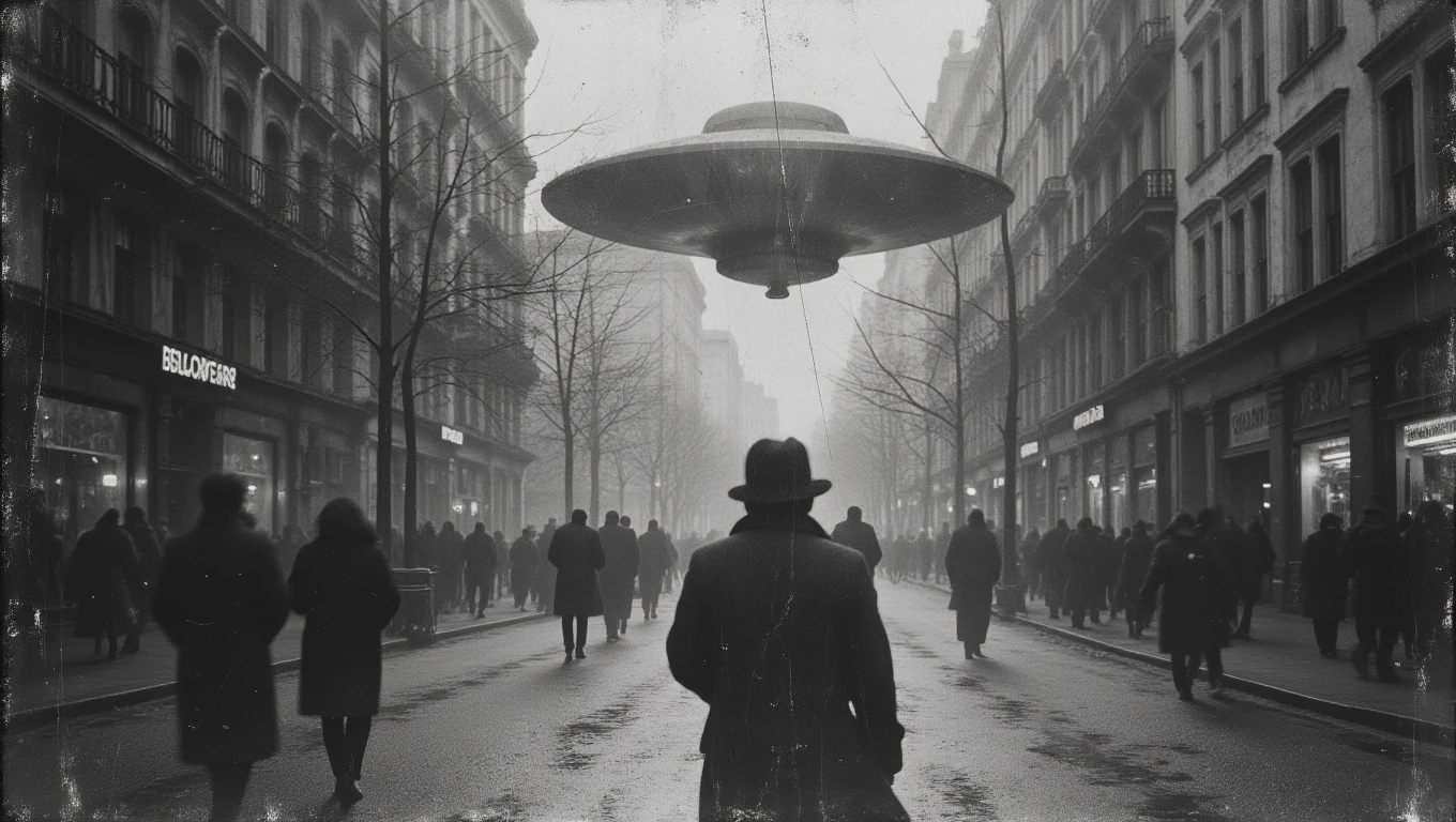 B&W 35mm vintage street photo of an UFO flying in NY    <lora:Vintage_Photo_Flux:0.7>