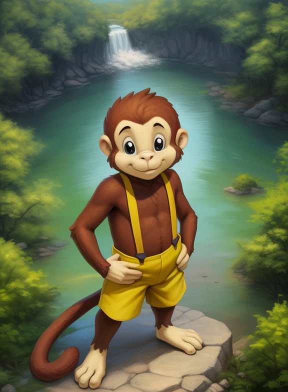 <lora:YoyoAmyRosMilPowYif:1>  YoyoAmyRosMilPow, monkey, brown fur, yellow pants with suspenders, small, chibi
Looks at the viewer, [  solo, (nature), forest, day, clouds, waterfall, smile ]  ((Hands on hips, standing, high-angle view,))
(beautiful, aesthetic, perfect, delicate, intricate, saturated colors), masterpiece, digital drawing, best quality,
[by kenket|by totesfleisch8], by thebigslick:by silverfox5213:0.8], [by syuro, by paloma-paloma::0.2, (Tricksta, TotesFleisch8)