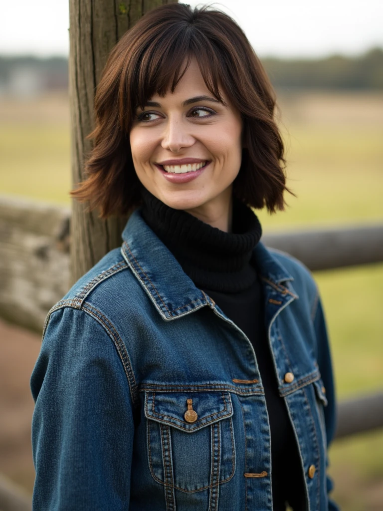 c4th3r7n3b311, brown hair, blunt bangs, brown eyes, denim jacket, black turtleneck sweater, jeans, lips, outdoors, on a ranch, leaning on a wooden post, morning, bright, smile, looking to the side,