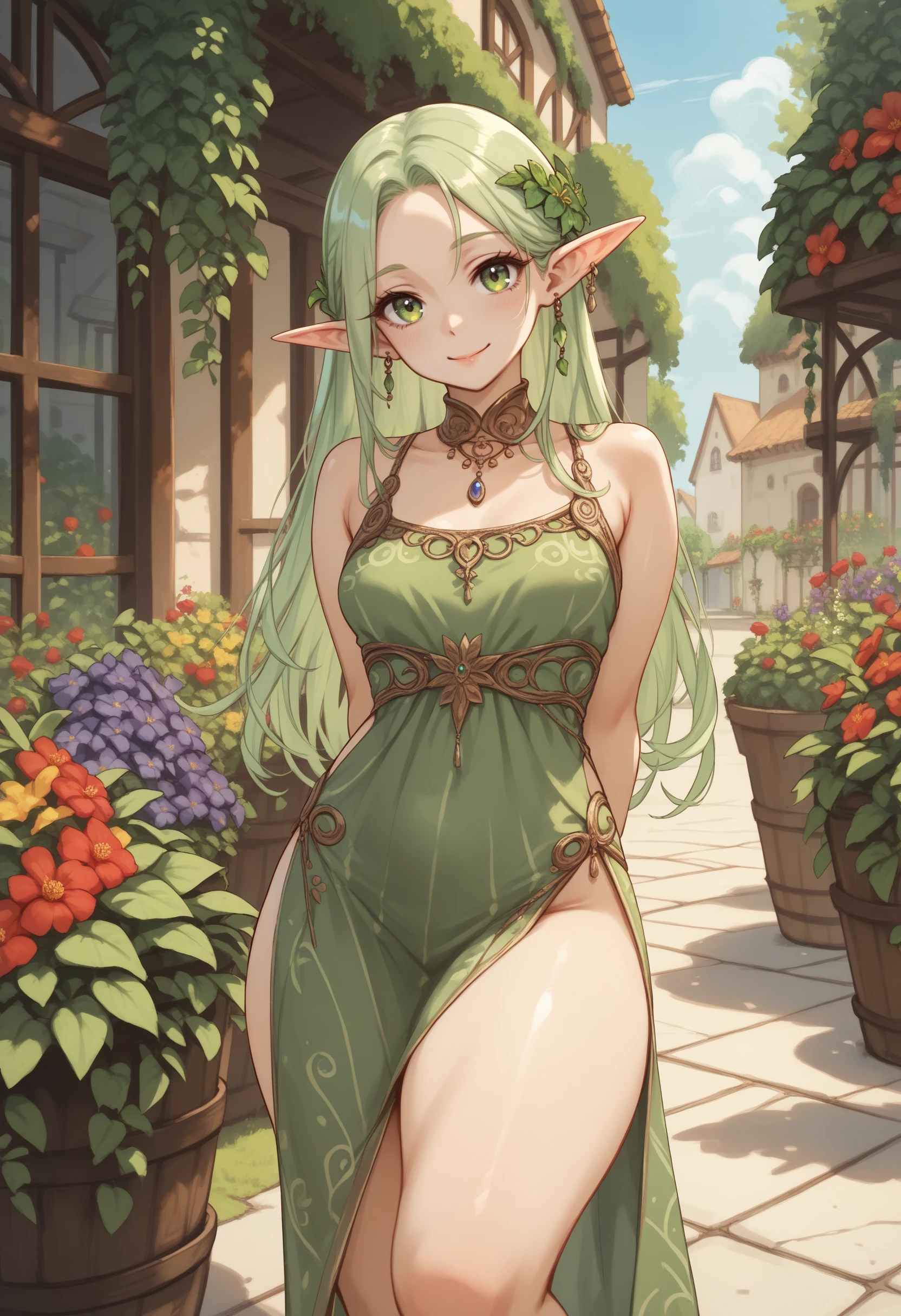 score_9, score_8_up, score_7_up, score_6_up, score_5_up, score_4_up, 1girl, courtyard, hip vent, flowers, vineyard, elf, long green silk dress, (thick thighs), smile, leaning on object, arms behind back